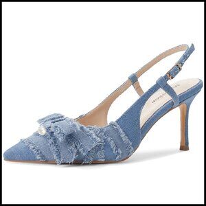 Pointed Toe Slingback Heels with Bow Pearl Kitten Heels Slip On Stiletto Pumps